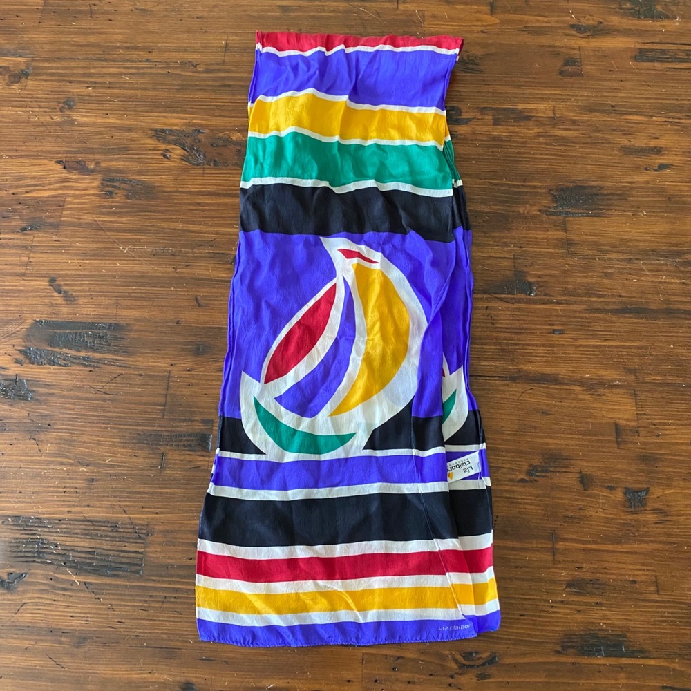 Vintage 1989 Liz Claiborne 100% Silk Scarf Abstract Geometric Primary Colors 52"